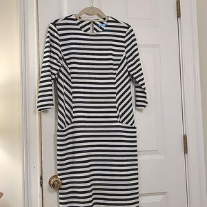 J McLaughlin Navy/White Striped Dress 3/4 Sleeves Size L Nautical Coastal Office